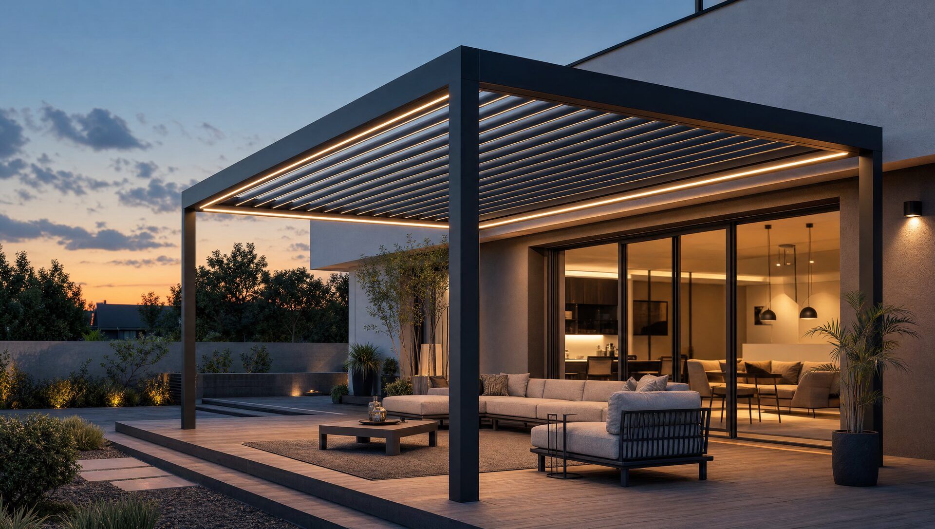 Bioklimatická pergola s LED osvetlením nad terasou vo večernej atmosfére